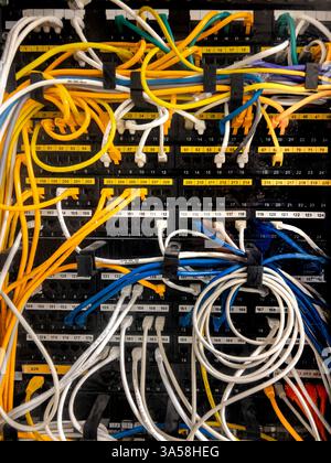 Racks de serveurs avec cordons de raccordement Internet bleu jaune et blanc connectés à un panneau de raccordement numéroté noir dans une salle de serveurs. Réseaux intranet Banque D'Images