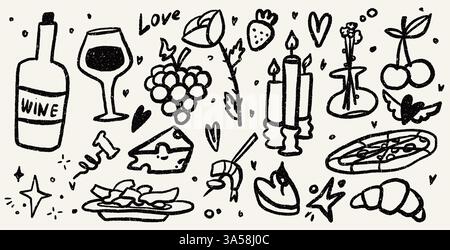 Ensemble d'éléments de dîner. Doodle illustrations vectorielles de nourriture et de vin. Texture punk griffonnée tendance. Icônes du déjeuner italien. Fête ou journée romantique Illustration de Vecteur