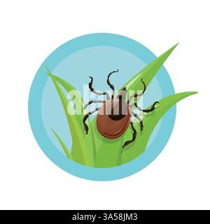 Acarien sur une illustration vectorielle de feuille d'herbe. La chasse aux insectes de tiques dans les hautes herbes. Illustration de Vecteur