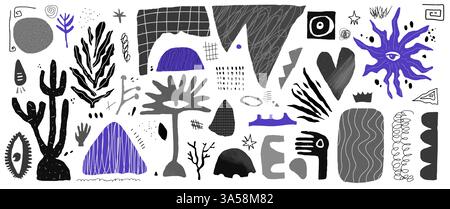 Gribouillage dessiné à la main avec des plantes et punk main et feuille. Gribouilles avec des formes d'abstention violettes. Y2K contemporain zin compris Illustration vectorielle grunge. Nouveau Illustration de Vecteur