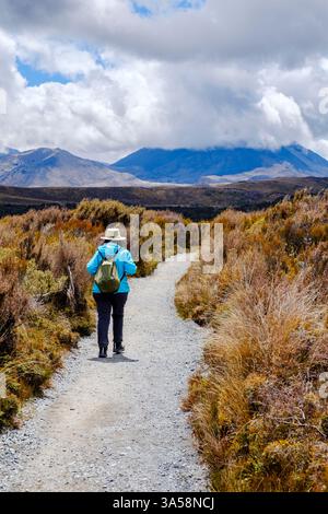 Randonneur à Taranaki Falls Track, Tama Lakes Track et Tongariro Northern circuit Trail, Mount Ngauruhoe, Mt Doom en arrière-plan, Tongariro National Park Banque D'Images