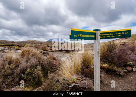 Taranaki Falls Track, Tama Lakes Track et Tongariro Northern circuit panneau de signalisation, Mount Ngauruhoe, Mt Doom en arrière-plan, Tongariro National Park Banque D'Images