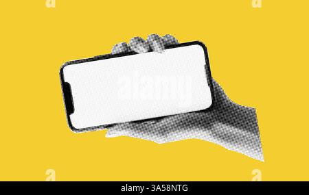 Jaune bg avec des éléments de collage demi-ton. Téléphone portable avec écran vide. Maquette de couverture d'application. Popart audacieux et lumineux png. Illustration vectorielle dans Illustration de Vecteur