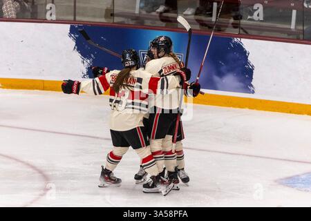 Paul, Minnesota, États-Unis. 21 mars 2025. Les joueurs de l'Ohio State célèbrent après avoir marqué le but d'ouverture. Cornell College et Ohio State se sont affrontés dans un match féminin 2025 Frozen four en demi-finale. Les équipes se sont affrontées à Ridder Arena à Minneapolis Minnesota. Ohio State a été victorieux gagnant 4-2. (Crédit image : © Michael Turner/ZUMA Press Wire) USAGE ÉDITORIAL SEULEMENT ! Non destiné à UN USAGE commercial ! Banque D'Images