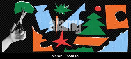 Un pack d'éléments découpés en papier sur le thème de Noël. Main en effet demi-teinte avec des ciseaux. Nouvel an fait à la main. Illustration vectorielle à la mode sur transparent Illustration de Vecteur