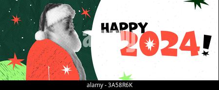 Le Père Noël vous souhaite un joyeux Noël et une bonne nouvelle année 2024. Style de collage avec des éléments dessinés à la main. Bulle de discours avec texte et étoiles dentelées Illustration de Vecteur