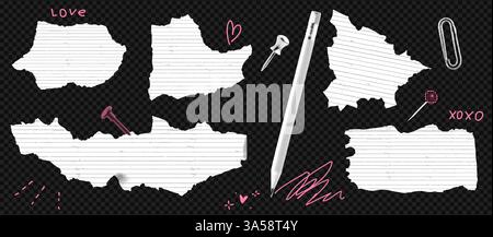 Ensemble de papier déchiré vintage avec bords froissés et détails déchirés. Feuille blanche, élément de collage rose et éléments de rebut pour un album, une note ou une bannière Illustration de Vecteur