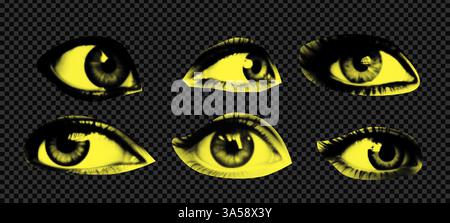 Un paquet d'yeux découpé comme dans un magazine. Un look isolé. Éléments de demi-teinte vectoriels pour collage avec différentes émotions Illustration de Vecteur