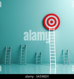 L'une des plus longues échelles lumineuses au néon atteignant l'objectif supérieur ci-dessus cible le jeu de fléchettes les concepts d'idées créatives de l'entreprise sur le passé bleu vert foncé cyan Banque D'Images