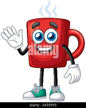 Une illustration vectorielle vibrante d'un personnage de tasse à café rouge souriant avec des yeux expressifs, la main agitant et la vapeur qui monte Illustration de Vecteur