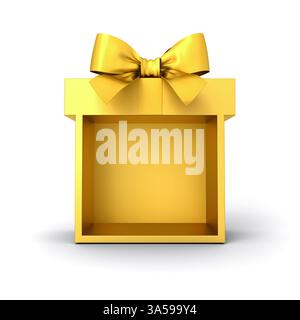 Vierge tout or boîte cadeau affiche la maquette de la vitrine stand avec l'arc de ruban or ou le podium de produit cadeau or isolé sur fond blanc creati Banque D'Images