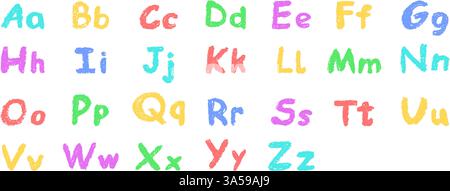 Alphabet anglais coloré dessiné à la main dans un crayon. Lettres majuscules et minuscules de style craie, pastel ou cire. Effet surligneur à bord pour Illustration de Vecteur
