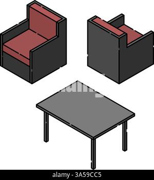 Ensemble de chaise et table pour le salon. Vecteur de dessin isométrique. Illustration de Vecteur