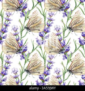Branches de fleurs de lavande et papillons, modèle sans couture. Illustration d'aquarelle dessinée à la main isolée sur blanc. Pour textile, housses, tissu, emballage Banque D'Images