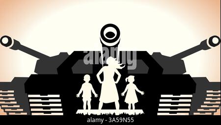 Arrêtez cette guerre, une mère et les enfants protestent pour arrêter la guerre, la face avant du char de guerre, arrêter la guerre mondiale, la crise familiale et souffrir du stock de guerre Illustration de Vecteur