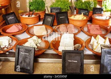 Buffet d'hôtel ou de restaurant avec une variété de fromages gastronomiques, charcuteries et hors-d'œuvre magnifiquement disposés sur des assiettes en céramique Banque D'Images