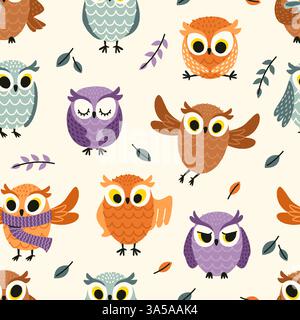 Motif chouette mignon. Impression sans couture des oiseaux de bébé hibou de forêt de bande dessinée, fond enfantin avec des animaux drôles pour l'emballage textile de tissu de papier. Vecteur Illustration de Vecteur