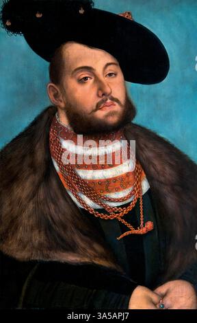 Frédéric I le Sage ( Jean Frédéric le Magnanime ) 1503-1554 Lucas Cranach l l'ancien 1472 - 1553 Allemagne Allemagne Musée des Beaux-Arts Paris. ( Jean Frédéric I (1503-1554), également connu sous le nom de Jean Frédéric le Magnanime, a été l'électeur de Saxe de 1532 à 1547. Il était un fervent partisan de la réforme et un leader clé de la Ligue Schmalkaldique, une alliance militaire de princes protestants et de villes du Saint-Empire romain germanique. Ses conflits avec l'empereur romain Saint Charles V ont finalement conduit à sa déposition et la perte de territoire ) Banque D'Images