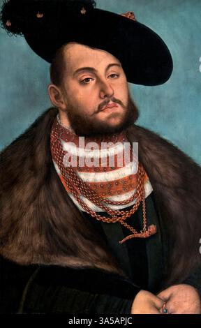 Frédéric I le Sage ( Jean Frédéric le Magnanime ) 1503-1554 Lucas Cranach l l'ancien 1472 - 1553 Allemagne Allemagne Musée des Beaux-Arts Paris. ( Jean Frédéric I (1503-1554), également connu sous le nom de Jean Frédéric le Magnanime, a été l'électeur de Saxe de 1532 à 1547. Il était un fervent partisan de la réforme et un leader clé de la Ligue Schmalkaldique, une alliance militaire de princes protestants et de villes du Saint-Empire romain germanique. Ses conflits avec l'empereur romain Saint Charles V ont finalement conduit à sa déposition et la perte de territoire ) Banque D'Images