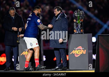 Paris, France. 15 mars 2025. Uini Atonio et Florian Grill lors du match XV de France VS Écosse du championnat de rugby des 6 ou 6 Nations le 15 mars 2025 au stade de France à Paris. Crédit : Victor Joly/Alamy Live News Banque D'Images