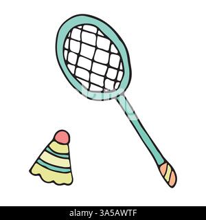 Illustration dessinée à la main d'une raquette de badminton et d'un volant. Parfait pour les sports de plein air, les activités estivales et les articles de fitness axés sur la famille Illustration de Vecteur