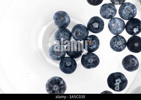 top shot gros plan photo blanc dans un vase avec de l'eau il y a beaucoup de gros bleuets mûrs parmi les gouttes d'eau vitamines saines saisonnières Banque D'Images