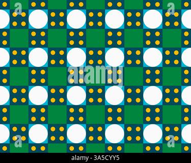 Un motif géométrique avec des carrés verts et bleus alternant, avec des cercles blancs et des points jaunes disposés en grille. Banque D'Images