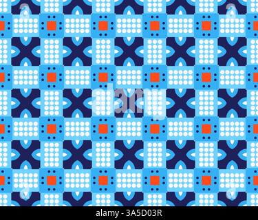 Un motif géométrique sans couture avec des carrés bleus et blancs avec des accents rouges, créant un design en forme de grille. Le motif comprend des s circulaires et croisées Banque D'Images