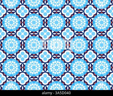 Un motif géométrique sans couture avec des hexagones bleus et des motifs circulaires dans des tons de bleu et de blanc. La conception comprend des formes d'étoile et un cercle pointillé Banque D'Images