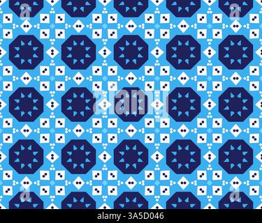 Un motif géométrique sans couture avec des hexagones bleus et des motifs circulaires dans des tons de bleu et de blanc. La conception comprend des formes d'étoile et un cercle pointillé Banque D'Images