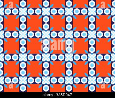 Un motif géométrique vibrant avec des carrés rouges et bleus alternés avec des motifs circulaires et croisés. La conception est symétrique et crée un visuel Banque D'Images