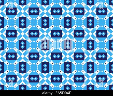 Un motif géométrique vibrant avec des carrés rouges et bleus alternés avec des motifs circulaires et croisés. La conception est symétrique et crée un visuel Banque D'Images