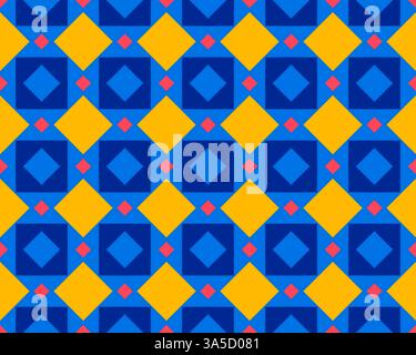 Un motif géométrique vibrant avec des formes de losanges bleues et jaunes avec de petits accents rouges, créant un design sans couture et symétrique. Banque D'Images