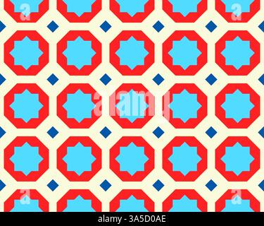 Un motif sans couture vibrant et accrocheur affiche des octogones rouges et bleus alternés avec des diamants bleus sur un fond clair. Banque D'Images
