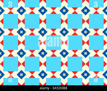 Ce motif sans couture présente un design vibrant de carrés bleus et de formes de losanges rouges, créant un effet visuel accrocheur. Banque D'Images