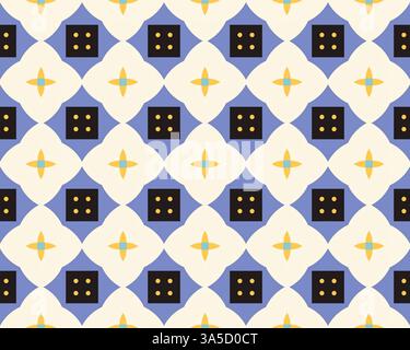 Ce design artistique présente un motif sans couture vibrant avec des formes géométriques alternées, y compris des carrés sombres et des motifs floraux clairs. Banque D'Images