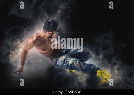 Danseur hip hop montrant certains mouvements isolés dans l'arrière-plan blanc Banque D'Images