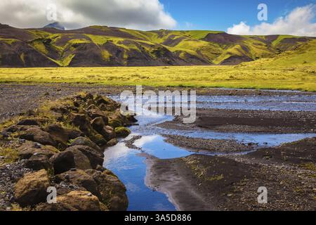 Pittoresques collines de basalte envahissaient l'herbe verte et la mousse polaire. Au fond du canyon de nombreux ruisseaux coulent. Canyon Pakgil en Islande Banque D'Images