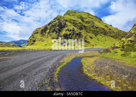 Pittoresques collines de basalte couvertes d'herbe verte et de mousse polaire. Au fond du canyon coulant ruisseaux lot. Canyon Pakgil en Islande Banque D'Images
