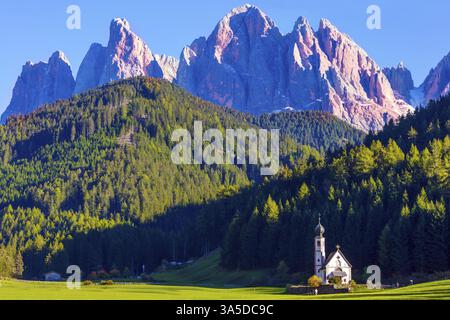 Le magnifique village Santa Maddalena dans la vallée du Val di Funes. Tyrol, Italie. Petite église blanche avec une cloche parmi les pelouses vertes sur le coucher du soleil. Le con Banque D'Images