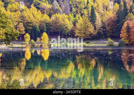 Les couleurs des forêts d'automne se reflètent dans l'eau glacée du lac. Montagnes couvertes de brume matinale. Pittoresque Lago Fusine en Italie. Sunr Banque D'Images