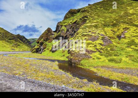 Pittoresques collines de basalte couvertes d'herbe verte et de mousse. Ruisseaux de glaciers en fonte coulant le long du canyon. Canyon Pakgil en Islande Banque D'Images