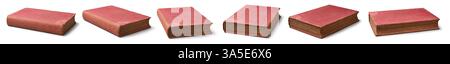 ensemble de vieux livres à couverture rigide arrière-plan blanc isolé dans différents angles, couverture en tissu rouge vieilli et pages jaunies avec reliure ancienne de forme ronde Banque D'Images