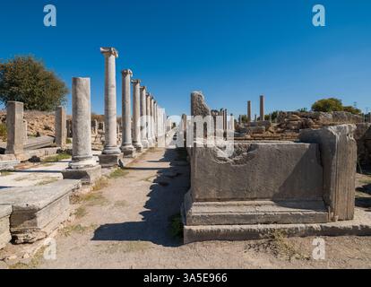 Ruines de l'ancienne ville de Perge à Antalya. Les colonnes de la place de l'Agora. Patrimoine historique et archéologique de la Turquie. Banque D'Images