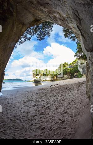 Voyage en Nouvelle-Zélande. Marée basse au coucher du soleil. La magnifique grotte de la cathédrale sur la plage de sable. Le concept d'exotique, écologique et photo à Banque D'Images