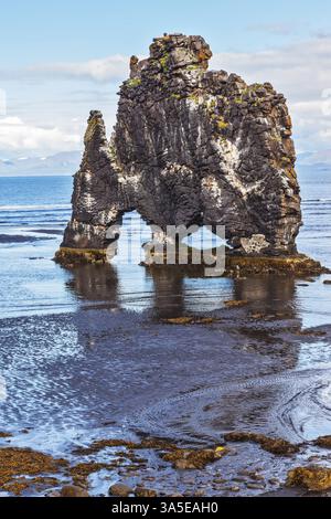 Vestiges d'un ancien volcan éteint Hvitserkur sur le plateau marin. Mammouth en pierre Islande Banque D'Images