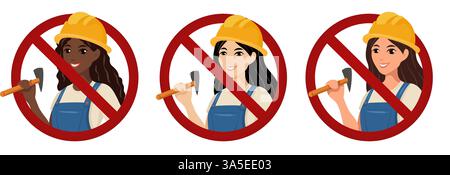 Ensemble vectoriel de signes d'interdiction avec les travailleuses. Danger des femmes travaillant sur les chantiers de construction. Autocollants d'interdiction isolés de l'arrière-plan. Illustration de Vecteur