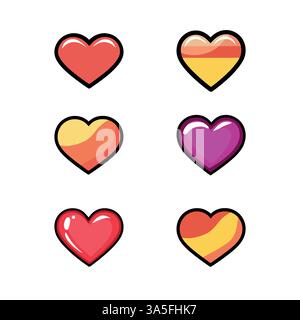 Voici une collection captivante d'icônes de coeur d'art pixel vibrantes, les présentant dans une variété de couleurs et de styles Illustration de Vecteur