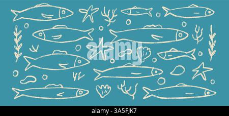 Jeu de griffonnages de ligne de poissons. Sardines gribouillage dessiné à la main. École de poissons avec des algues et étoiles de mer. Illustration nautique colorée vectorielle par penc Illustration de Vecteur