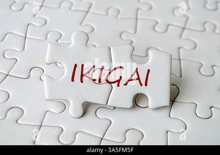 Texte ikigai sur puzzle qui représentent l'accomplissement personnel et l'équilibre travail-vie privée Banque D'Images